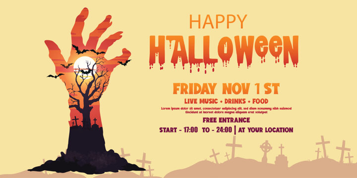 Halloween zombie hand party banner design template 