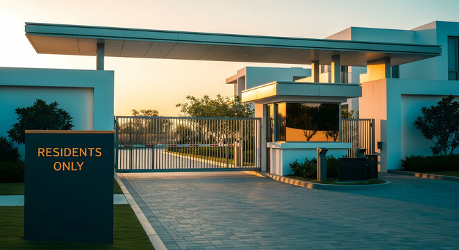 Exclusive Community Entrance With Modern Architecture And Security At Golden Hour