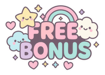 Pink bubble sticker with FREE BONUS in cute cartoon style, cheerful promo retail offer on transparent background.