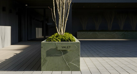 Valet Service Signage With Modern Architecture And Decorative Greenery Details