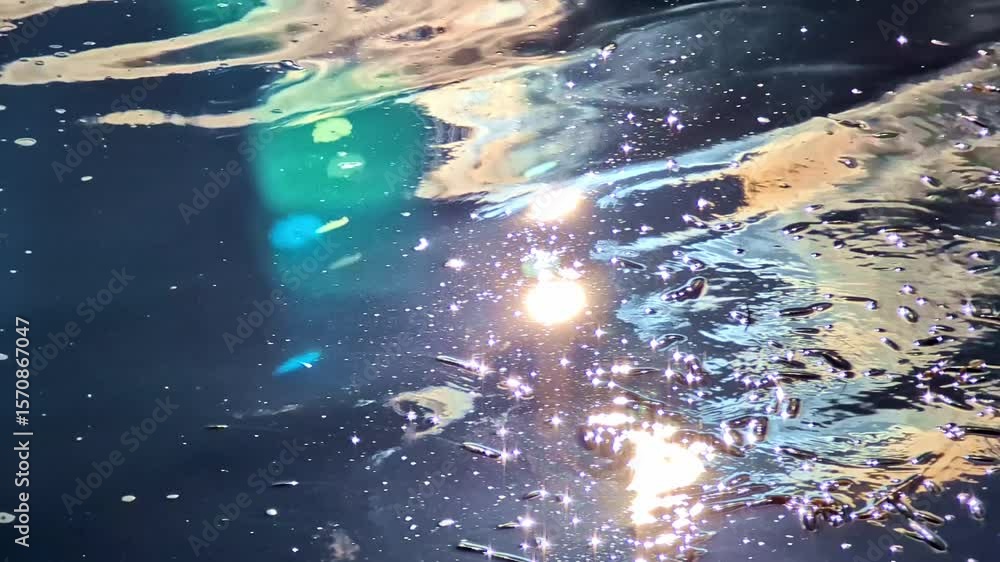 Poster sunlight reflecting on rippling water surface with floating particles and lens flare