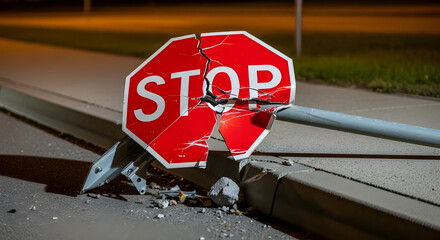 Vandalized Stop Sign Fallen On Sidewalk After Accident At Night Scenery