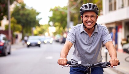 Portrait of senior man cycling on city street