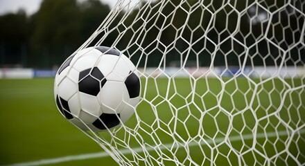 Soccer Goal Moment – Football Caught in Net Against Green Field Background