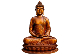 A wooden statue of a Buddha sitting in a cross legged position. isolated on a transparent or white background.