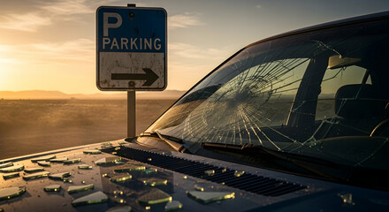 Vandalized Vehicle At Sunset With A Shattered Windshield Near Parking Sign