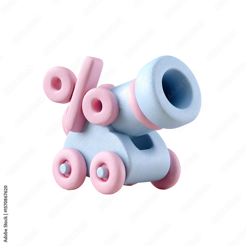Poster whimsical 3d clay figure of a pastel blue toy cannon firing a pink percentage sign with a smooth mat