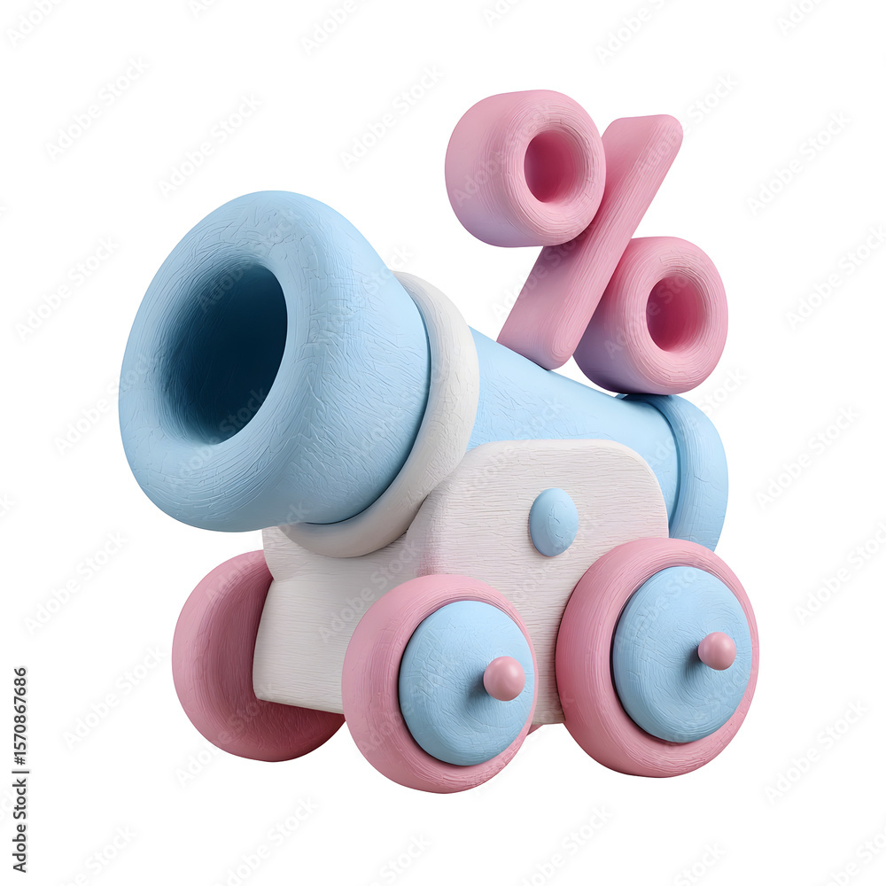 Aufkleber Whimsical and playful 3D icon featuring a pastel blue toy cannon firing a pink percentage sign with a soft sculpted clay texture and rounded handcrafted shapes