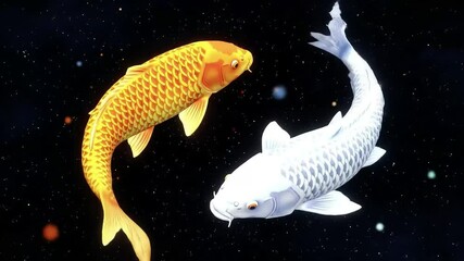 Two koi carp, one gold and one white, swimming in a dark expanse with faint scattered lights, resembling stars in the night sky - Powered by Adobe