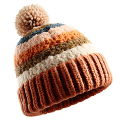 Stylish striped crochet beanie hat with ribbed edge and pom-pom top, soft wool in warm earthy tones, cozy winter fashion, isolated transparent background with soft wool texture