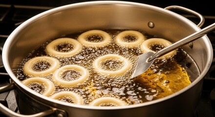 Golden donuts frying in oil in stainless steel pot for delicious homemade treats
