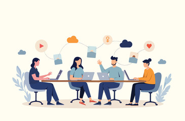 Remote Team Collaboration – Flat Vector Illustration Editable of Online Work with Laptops & Cloud Apps (Minimalist Digital Workspace)