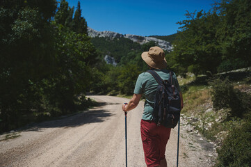 Man Hiking Along Scenic Mountain Trail On A Sunny Day