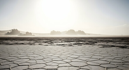 Vast Cracked Earth Surface With Distant Mountains In A Hazy Landscape