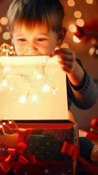 A child's eyes light up with wonder as they open a gift box adorned with glowing string lights, surrounded by festive decorations and the soft glow of the holidays.
