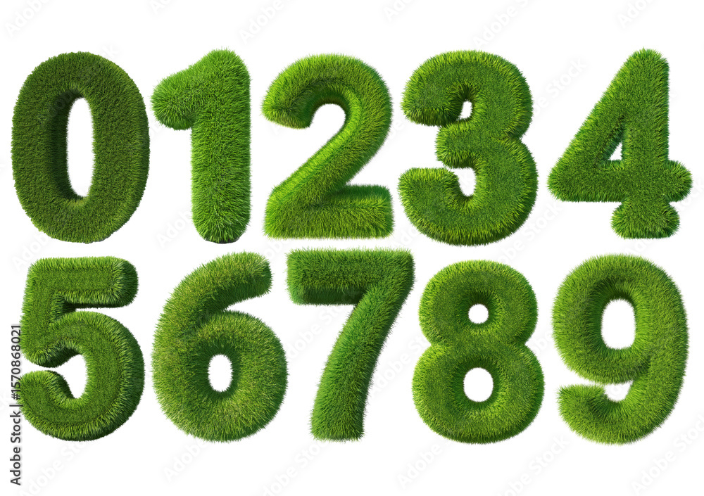 Poster grass font 3d rendering number 0-9 isolated on a transparent or white background