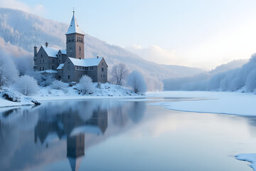 A snow-draped fortress reflects in a frozen lake under morning light.
