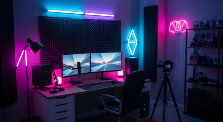 A modern gaming setup with dual monitors, neon lights, and equipment.