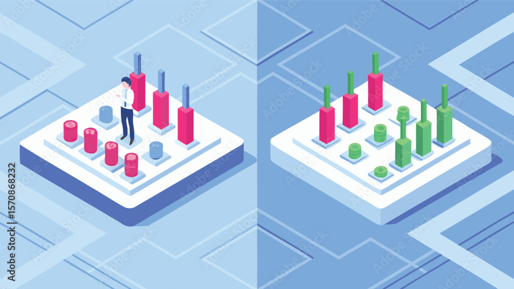 Aufkleber isometric illustration of a cube connected to a meeting and data points on a light blue background