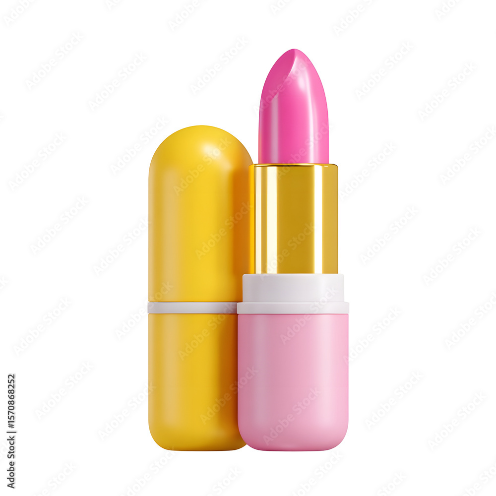 Aufkleber Bright and colorful 3D of a pastel pink lipstick with a yellow and white container featuring a minimal and feminine cartoon inspired design