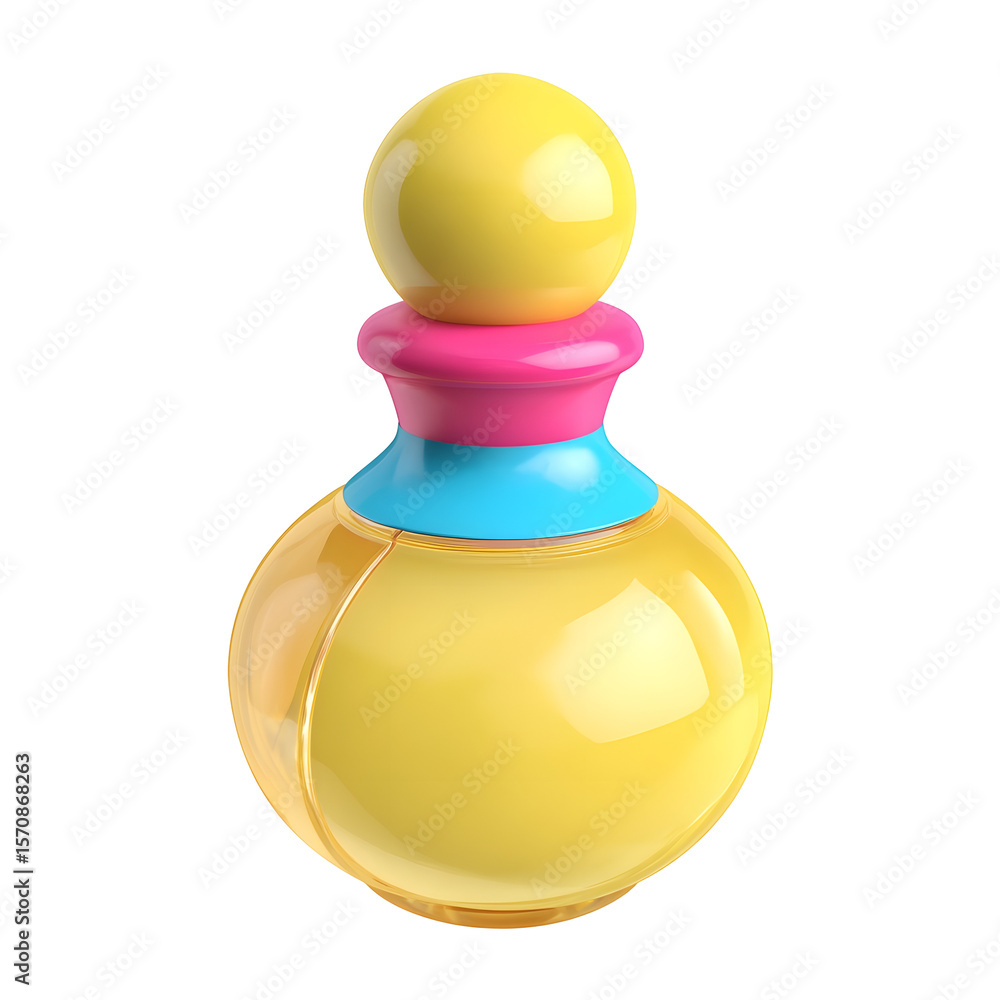 Aufkleber Brightly colored playful 3D of a shiny rounded perfume bottle with a pink and blue pump against a clean transparent background