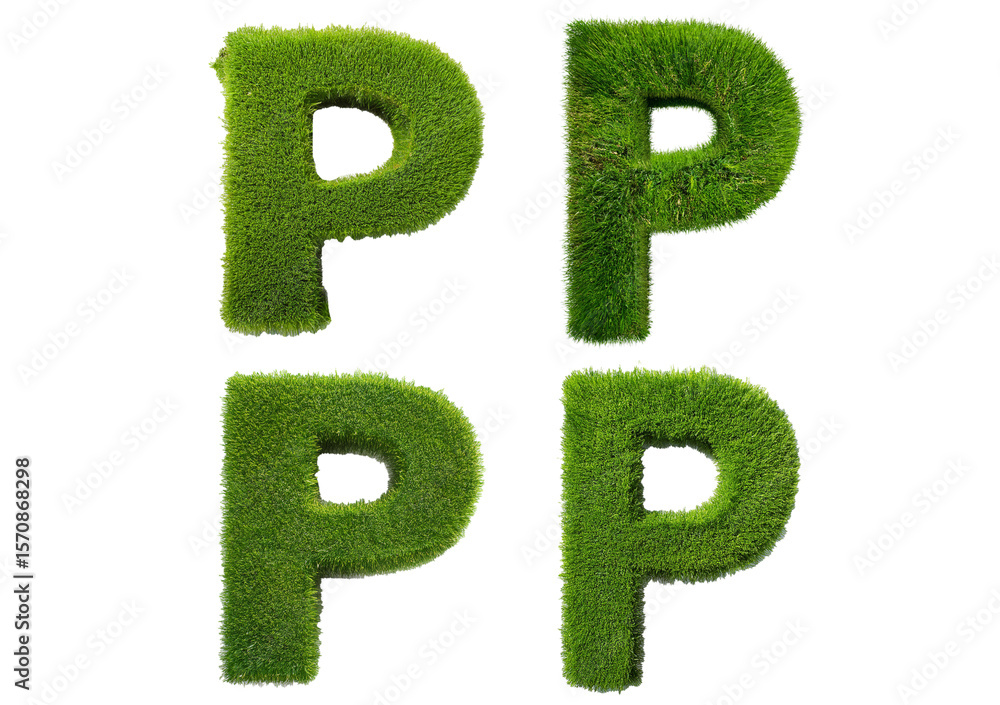 Poster set grass font 3d rendering letter p isolated on a transparent or white background