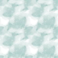 Seamless pattern with soft green and white watercolor textures. Subtle snow or dust-like overlay adds depth. Hand-painted illustration ideal for textiles, backgrounds, packaging, and digital design.