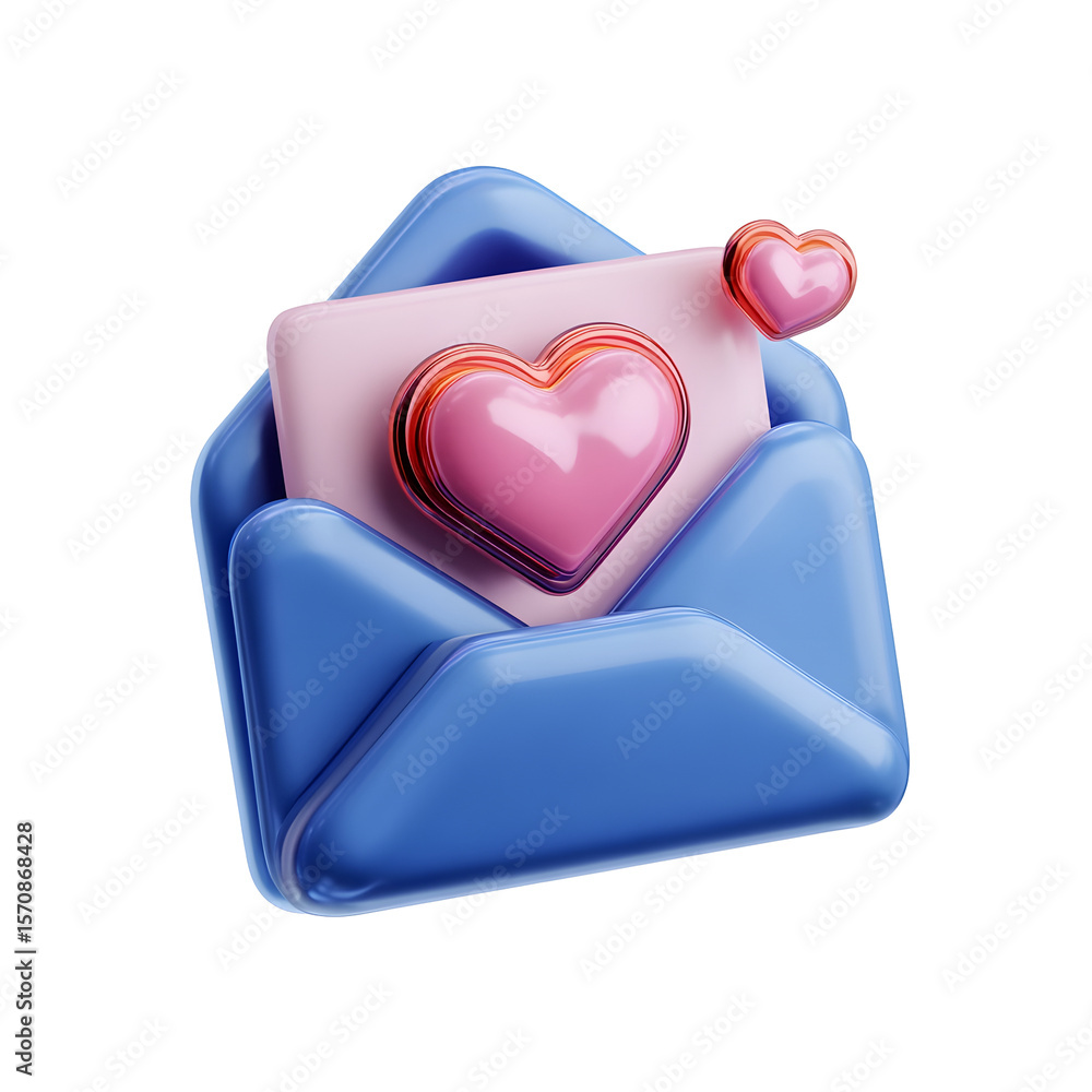 Aufkleber A 3D rendered plastic cartoon envelope with a pink heart shaped message popping out against a soft blue glossy background