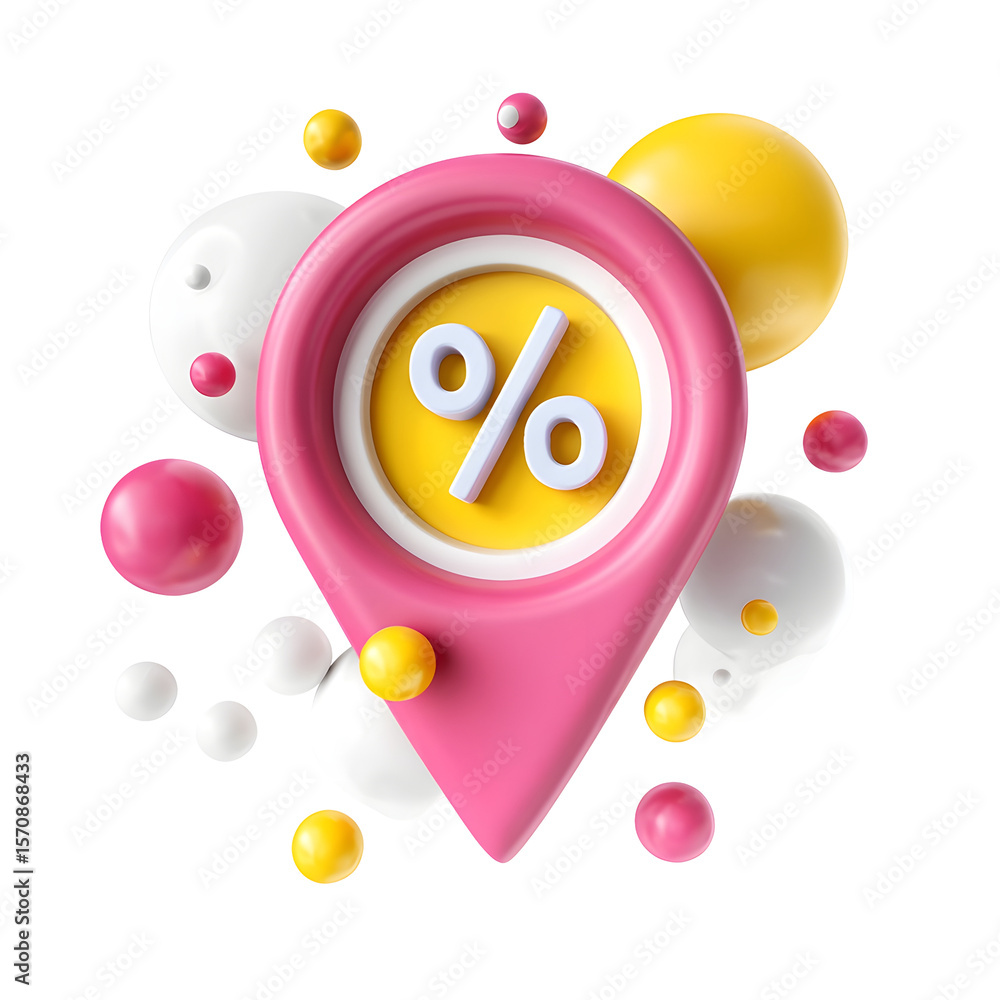 Poster vibrant playful 3d plastic icon of a pink location pin with a yellow discount tag inside displaying 