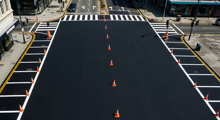 Newly Marked Road With Cones In Urban Area Traffic Management And Road Construction