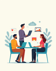 Remote Team Collaboration – Flat Vector Illustration Editable of Online Work with Laptops & Cloud Apps (Minimalist Digital Workspace)