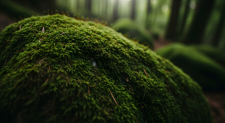 Verdant Forest Floor Featuring Lush Moss-Covered Stone In A Peaceful Environment