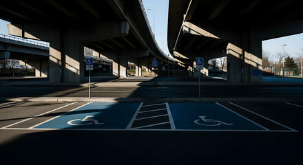 Urban Landscape Featuring Concrete Overpass And Handicapped Parking Spaces
