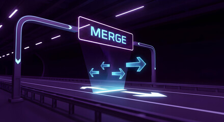 Futuristic Road Merge Sign Guiding Vehicles Safely With Neon Illumination