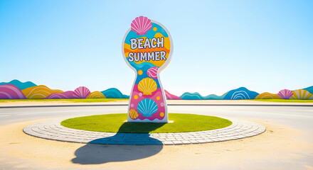 Vibrant Beach Summer Sign Installation on Colorful Seaside Landscape