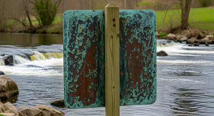 Verdigris Metal Sign By The River With Cascading Water On A Sunny Day