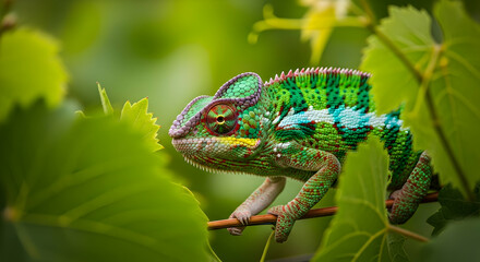 Vibrant Chameleon Resting On A Branch Surrounded By Lush Green Foliage