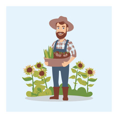 Cheerful Farmer Holding Fresh Vegetables in Cartoon Style Vector Art