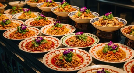 Fototapeta premium Colorful asian noodle dishes with garnishes and decorative plates