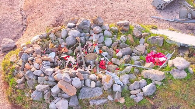 Aerial view of a stone memorial grave marking the B-29 Superfortress WWII plane crash site in the Peak District, England.