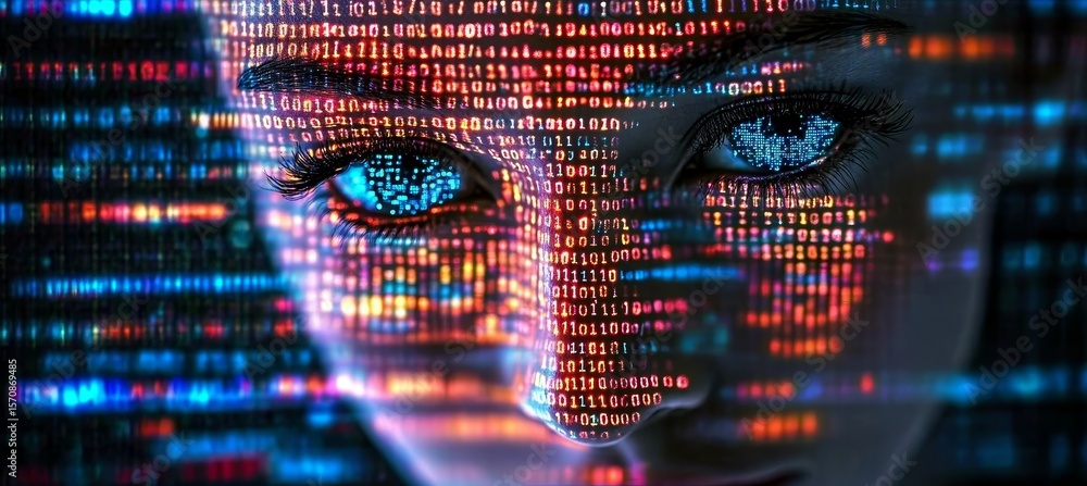 Poster a futuristic visage surrounded by a dynamic data stream, representing the fusion of ai and humanity
