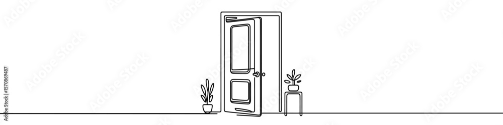 Poster open door icon. continuous one line drawing of open door. open door in one line style, isolated on w