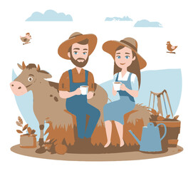 Cartoon Farm Scene with Couple Sitting on Hay Bales with Cow and Birds
