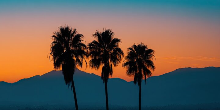 Three silhouetted palm trees stand against a vibrant sunset over a mountain range