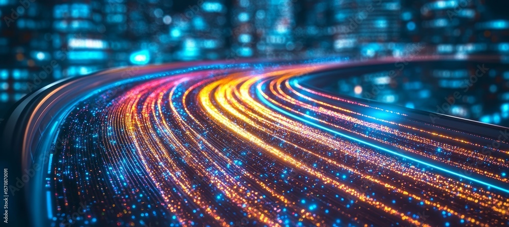 Poster dynamic digital stream on a speeding road with blurred lights representing fast data transmission