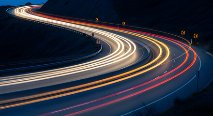 Night Curves Motorway With Light Trails In The Mountain Pass