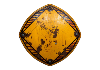 Weathered yellow warning sign with faded patterns isolated on a transparent or white background.