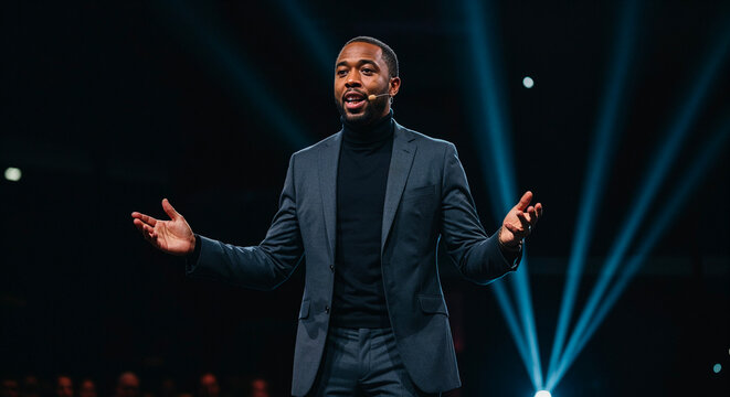Confident Black man gives inspiring speech on stage in spotlight, leadership and motivation concept – useful for business, success, public speaking themes