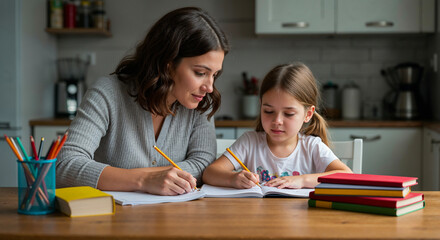 Fototapeta premium Woman and girl writing together at home, focused and engaged learning – Education, homework, parent-child teamwork concept.