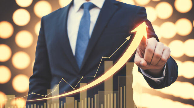 A professional business photo showing a person in a dark navy suit and blue tie standing in front of a glowing financial chart - Powered by Adobe
